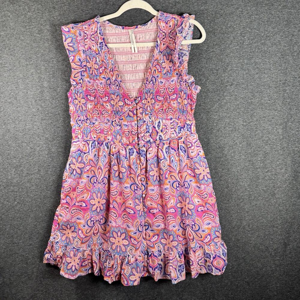 Anthropologie Pink Boho Floral Mini Dress Ruffle Sleeve Babydoll Resort Summer L - Picture 3 of 10